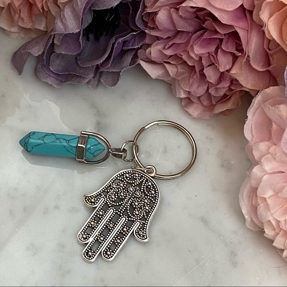 Natural Turquoise Quartz Stone Hamsa Hand Keychain - Picture 5 of 8